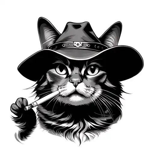 Cat with a cowboy hat, smoking a cigarette tattoo design idea