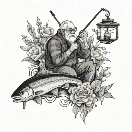based on the song " I wish grandpas never died" by Riley Green with flowers and a man fishing  tattoo design idea