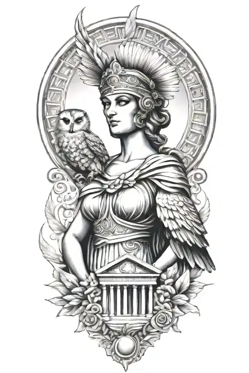 athena greek goddess with owl and parthenon tattoo design idea