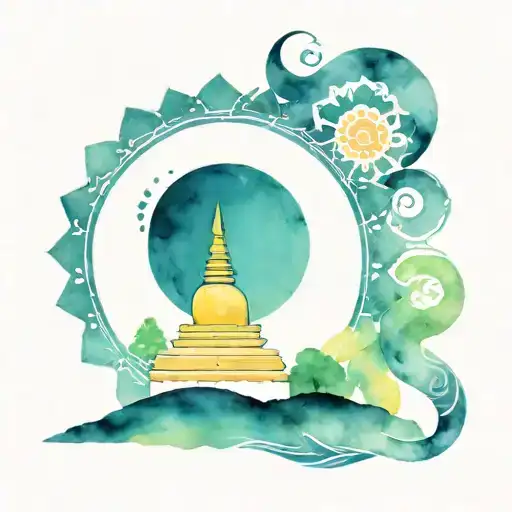 fine line style, Nepali motives, Buddist praying flag and stupa, hindu temple, kukri knife, tattoo design idea