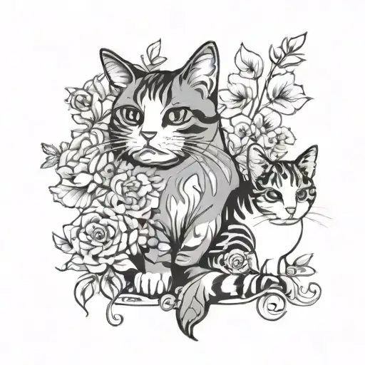 a calico cat and a grey and white cat with flowers tattoo design idea