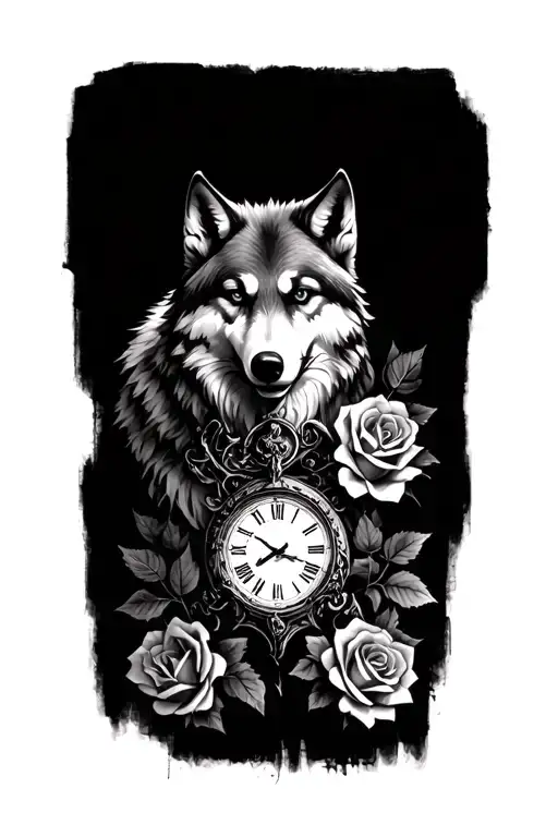 A tattoo that covers the entire forearm, a wolf and a joker by roses, leaves and an old clock. tattoo design idea