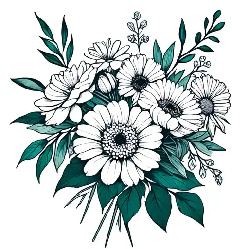 create a small line tattoo of a bouquet of flowers using rose,honeysuckle,chrysanthemum,gladiolus,sweet pea, morning glo tattoo design idea