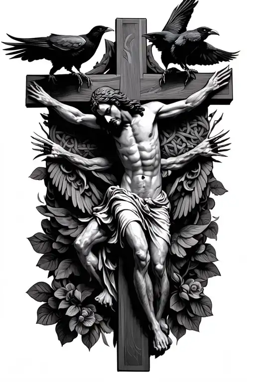 jesus on celtic cross with crows perched and flying with claws tattoo design idea