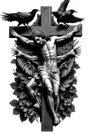 jesus on celtic cross with crows perched and flying with claws tattoo design idea