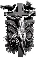 jesus on celtic cross with crows perched and flying with claws tattoo design idea