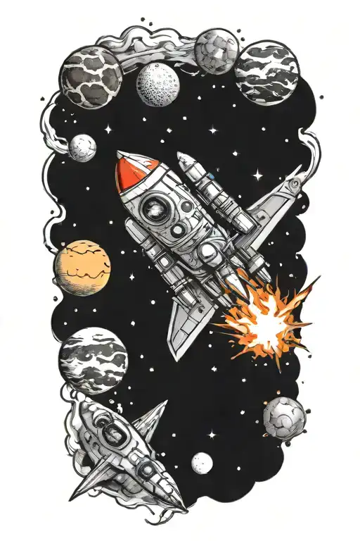 rocket with planets stars and nebulas tattoo design idea