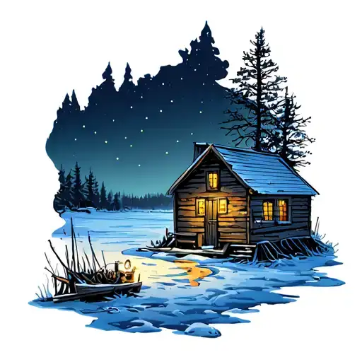ice fishing shack scene at night tattoo design idea