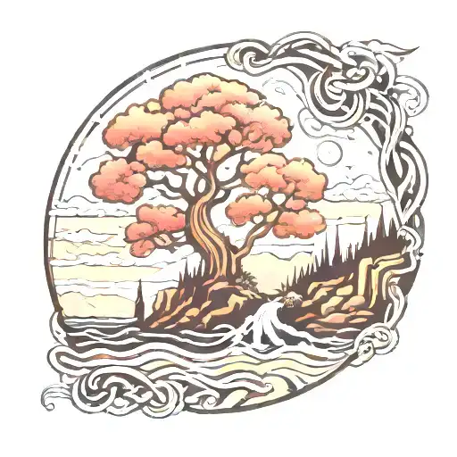 Meander and hercules knot landscape tattoo design idea