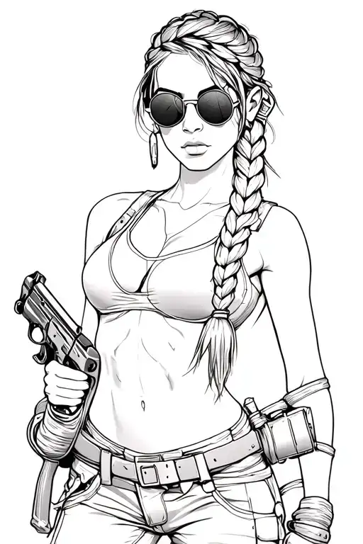 Lara Croft With Her Plait Holding Her Dual Pistols With Her Round Sunglasses On Tattoo tattoo design idea