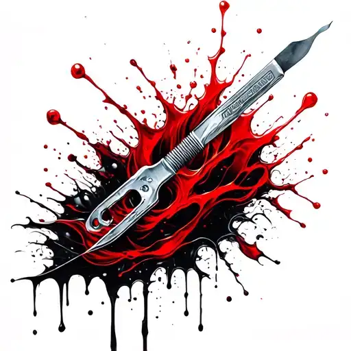 A hyper-realistic and artistic tattoo design on a human inner bicep: a detailed metallic scalpel morphing into a stream  tattoo design idea