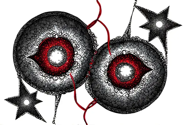 Ethereal under bust tattoo of two stars connected with a red string tattoo design idea