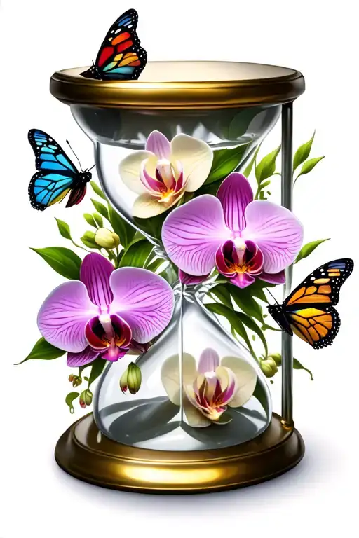 hour glass with tons of orchids intertwined and butterflies tattoo design idea