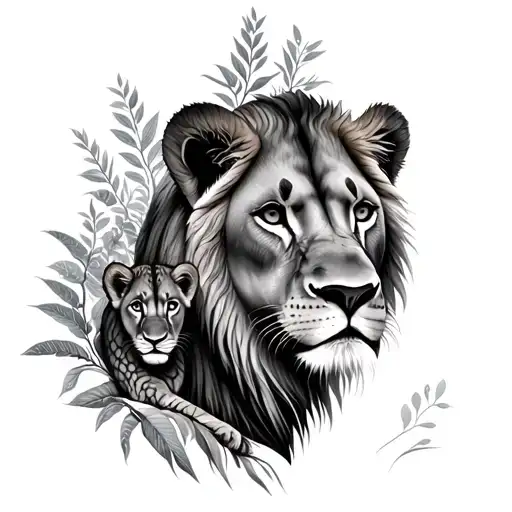 Lioness and 2 cubs face only with plants tattoo design idea