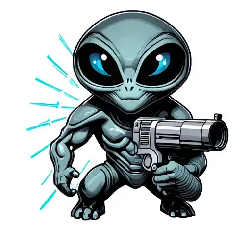 blue eyed standing full body alien with ray gun tattoo design idea