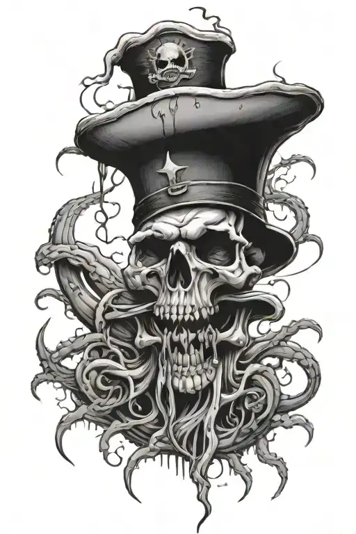 old lighouse in a lightning strom. Big scary  squid underneath  and a big skull in a captain hat over tattoo design idea