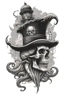 old lighouse in a lightning strom. Big scary  squid underneath  and a big skull in a captain hat over tattoo design idea