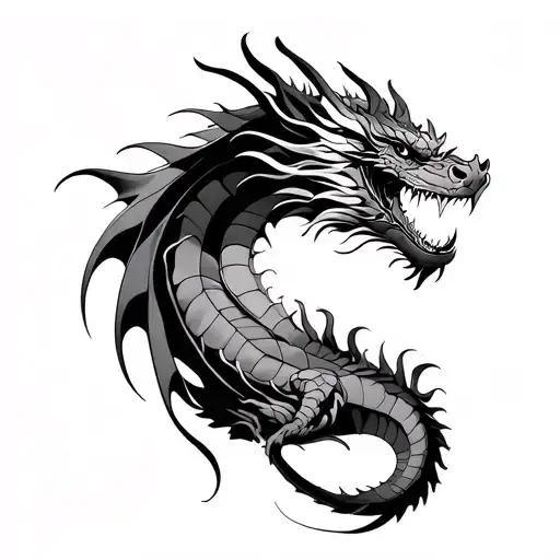 dragon feminine yet fierce, line art is style placed on the hip in a complimentary way tattoo design idea
