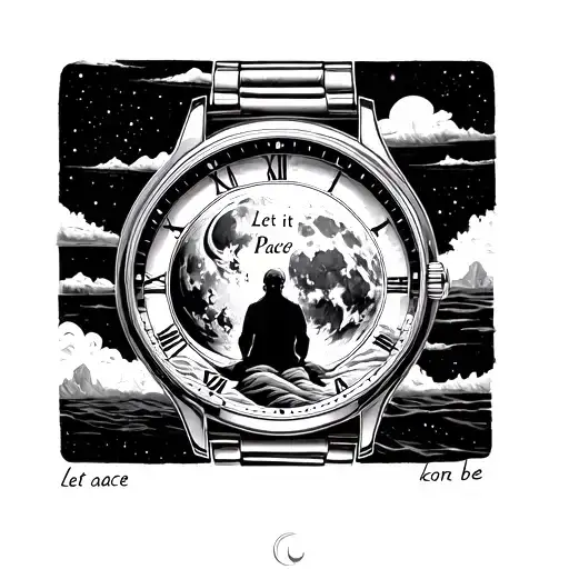 3d,moon or a planet inside a watch dial, words let it be, beach, mountain, lost man sitting watching stars, peace tattoo design idea