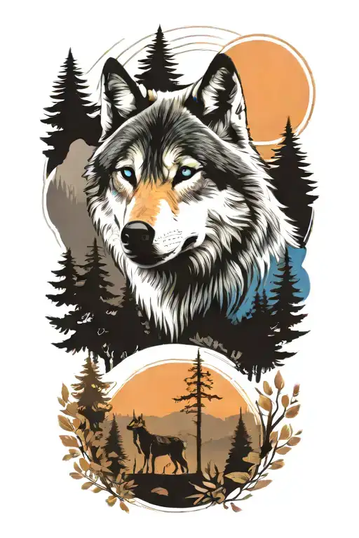 wolf blue eyes forest landscape tattoo design idea