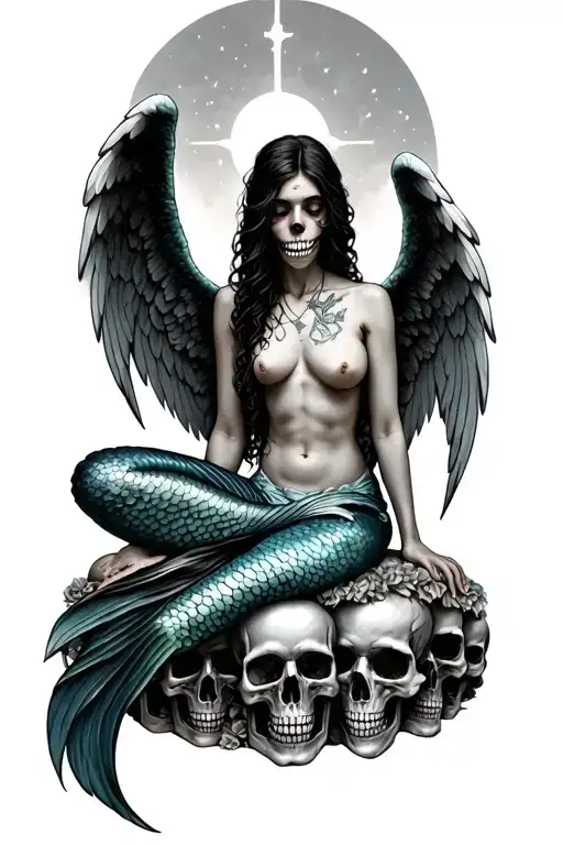 angel of death hidden as mermaid topless sitting on a bed of skulls tattoo design idea