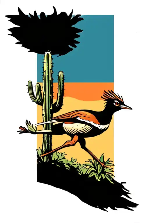 roadrunner sprinting with cactus and yucca plant intertwined tattoo design idea