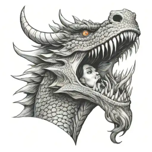big dragon biting a sexcy lady in his mouth tattoo design idea