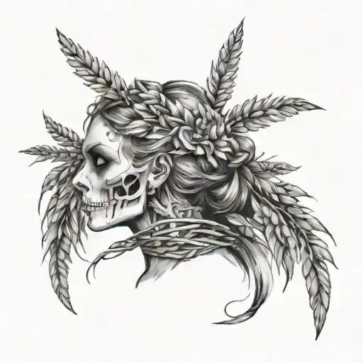 a girl with a wheat wreath crown, half skeleton tattoo design idea