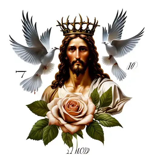 Jesus with a thorn crown a rose at the bottom towards the wrist then add the numbers 7 and 10 little doves for detail  tattoo design idea