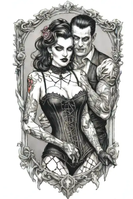 realistic scene of a gothic pinup girl waering corset and fishnets being bitten by a scary male vampire tattoo design idea