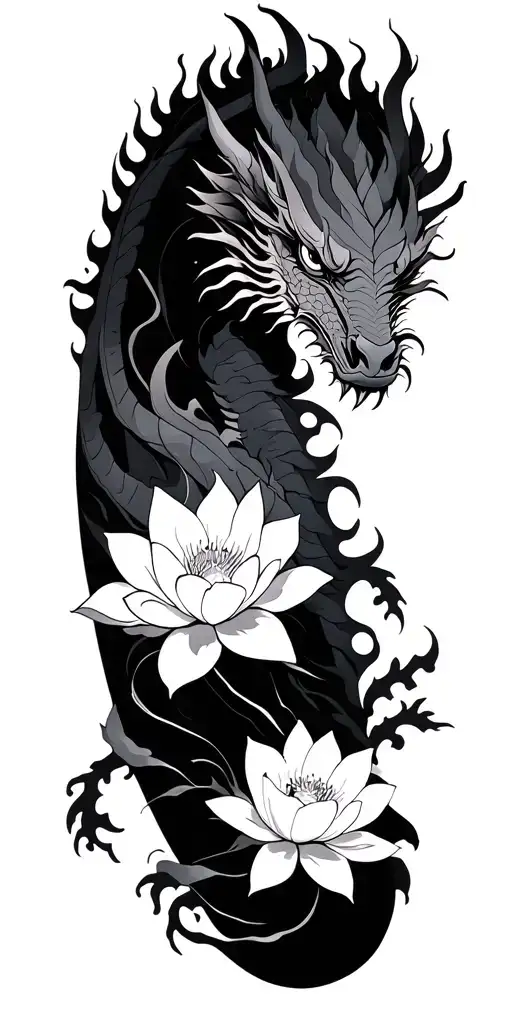 A Japanese dragon sleeve with lotus flowers and fire.  tattoo design idea