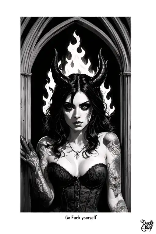 "Go Fuck Yourself " Gothic woman wearing bustier with horns and devil hand on shoulder on fire burning into cathedral window with woman  tattoo design idea
