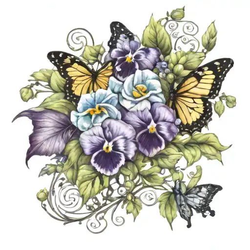 colorful vine wrap with pansies with butterflies surrounding tattoo design idea