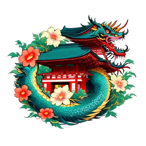 japanese temple and flowers with the dragon tattoo design idea