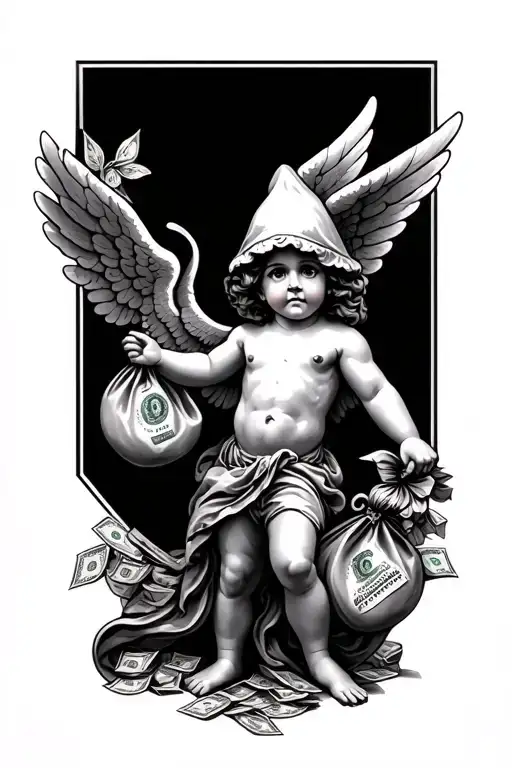 hood cupid with money bag tattoo design idea