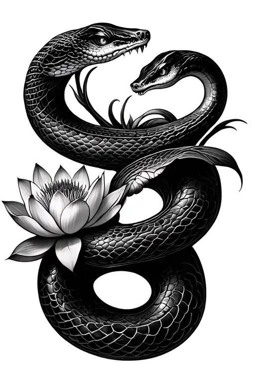 snake slithering up, creating gaps with a lotus flowers growing from its skin. tattoo design idea