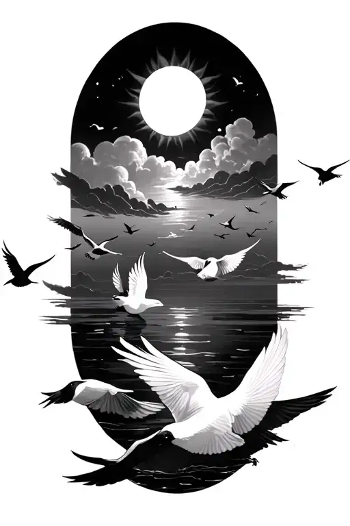 sun and birds flying tattoo design idea