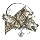 two wolves howling moon tattoo design idea