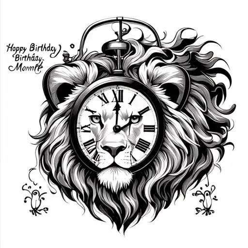 A Leo lion and time clock birthday date year and month tattoo design idea