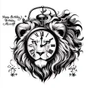 A Leo lion and time clock birthday date year and month tattoo design idea