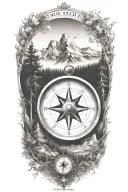 a compass with mountains and trees surrounding it and coordinates  tattoo design idea