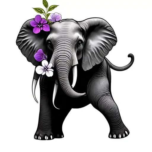 elephant holding violets in trunk tattoo design idea