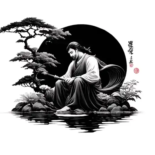 Seaman in japanese garden tattoo design idea