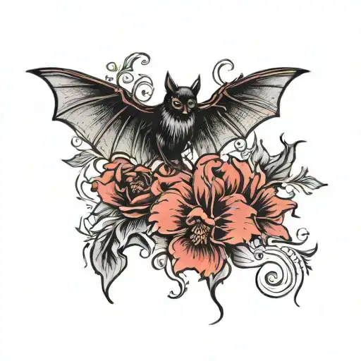 Red flowers with a black bat flying tattoo design idea