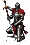 design me a medieval templar knight kneeling with his sword on a battlefield tattoo design idea