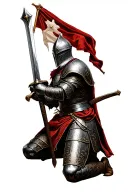 design me a medieval templar knight kneeling with his sword on a battlefield tattoo design idea