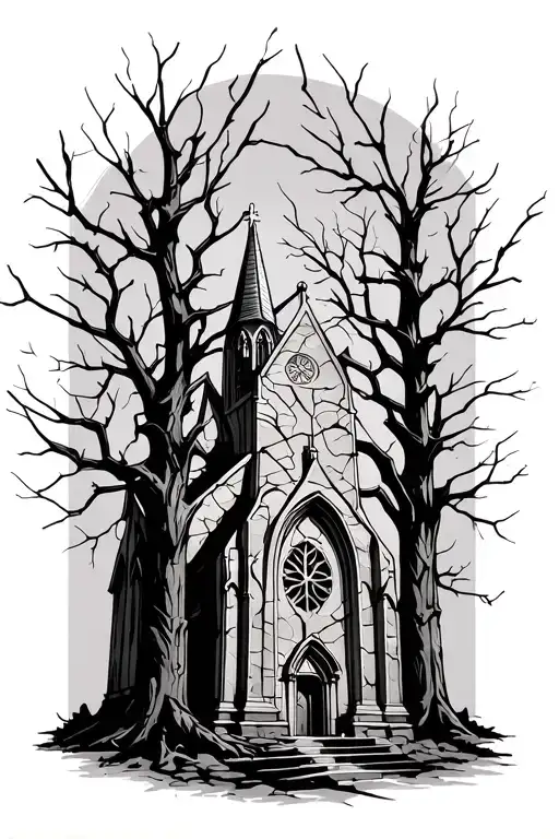 In the middle of the dry branches of long leafless trees, a gothic church on a tombstone cracked in front of the church. tattoo design idea