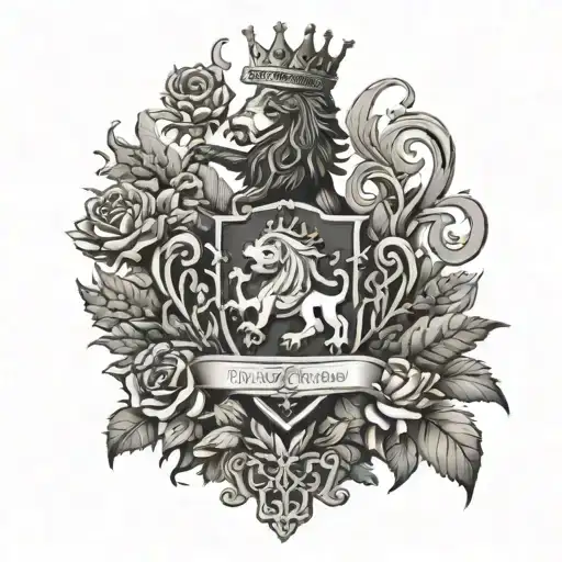 Scottish clan crest heraldry crown surrounded by Scottish thistles, roses, unicorn and lion rampant  tattoo design idea