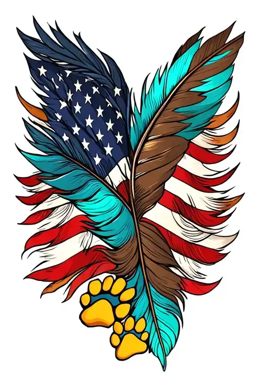 multiple feathers with fall colors with 2 dog paw prints incorporated, american flag, turquoise western jewlery tattoo design idea