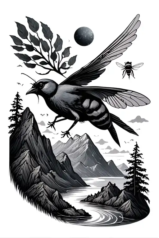 mountain, bird, nature, bee, triton tattoo design idea